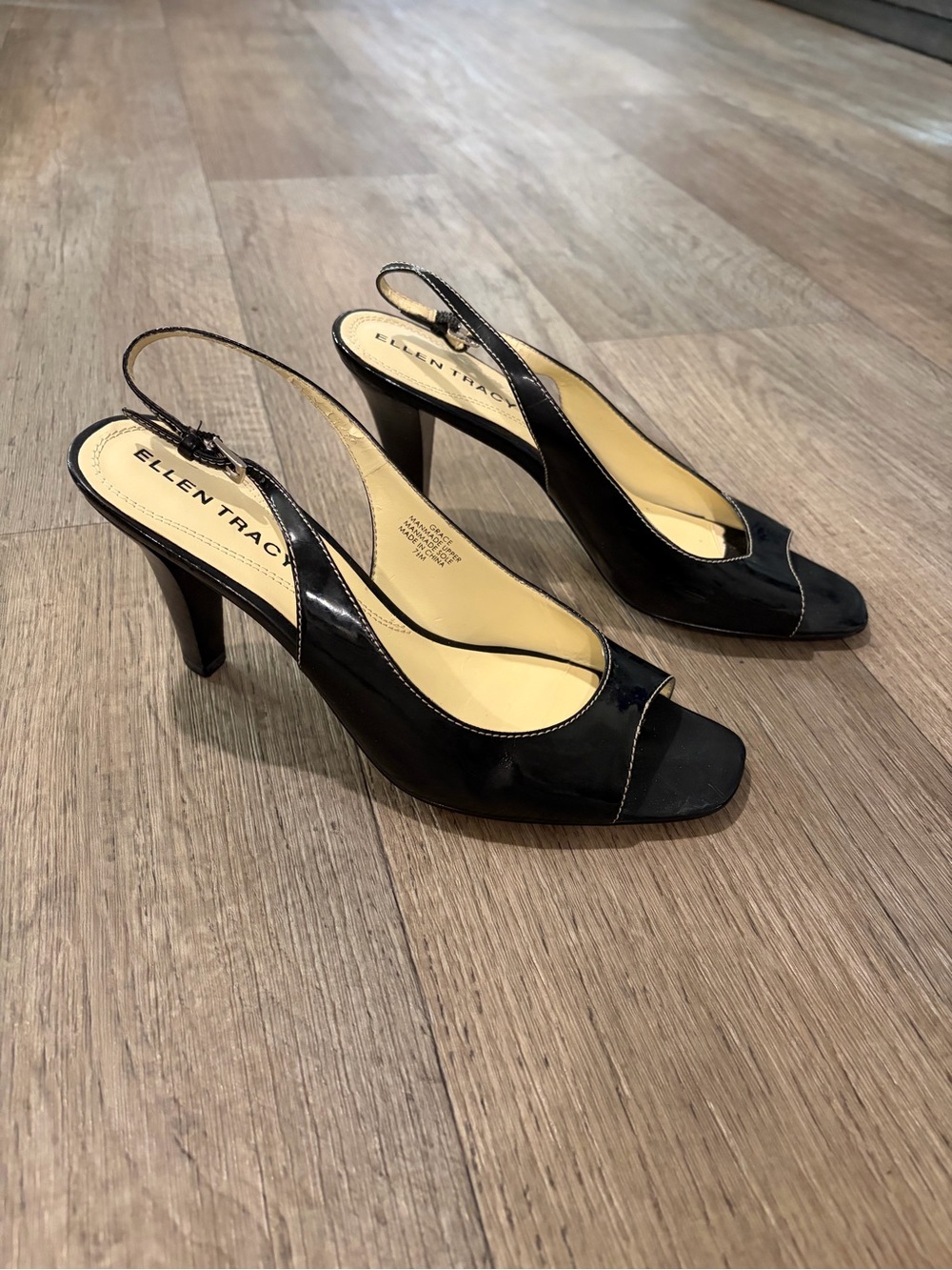 Ellen Tracy Black Patent Slingback Peep-Toe Heels 7.5 Glam Prep Chic Feminine